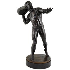 Antique Bronze Sculpture Male Nude with Stone Hugo Siegwart H. 36 inch