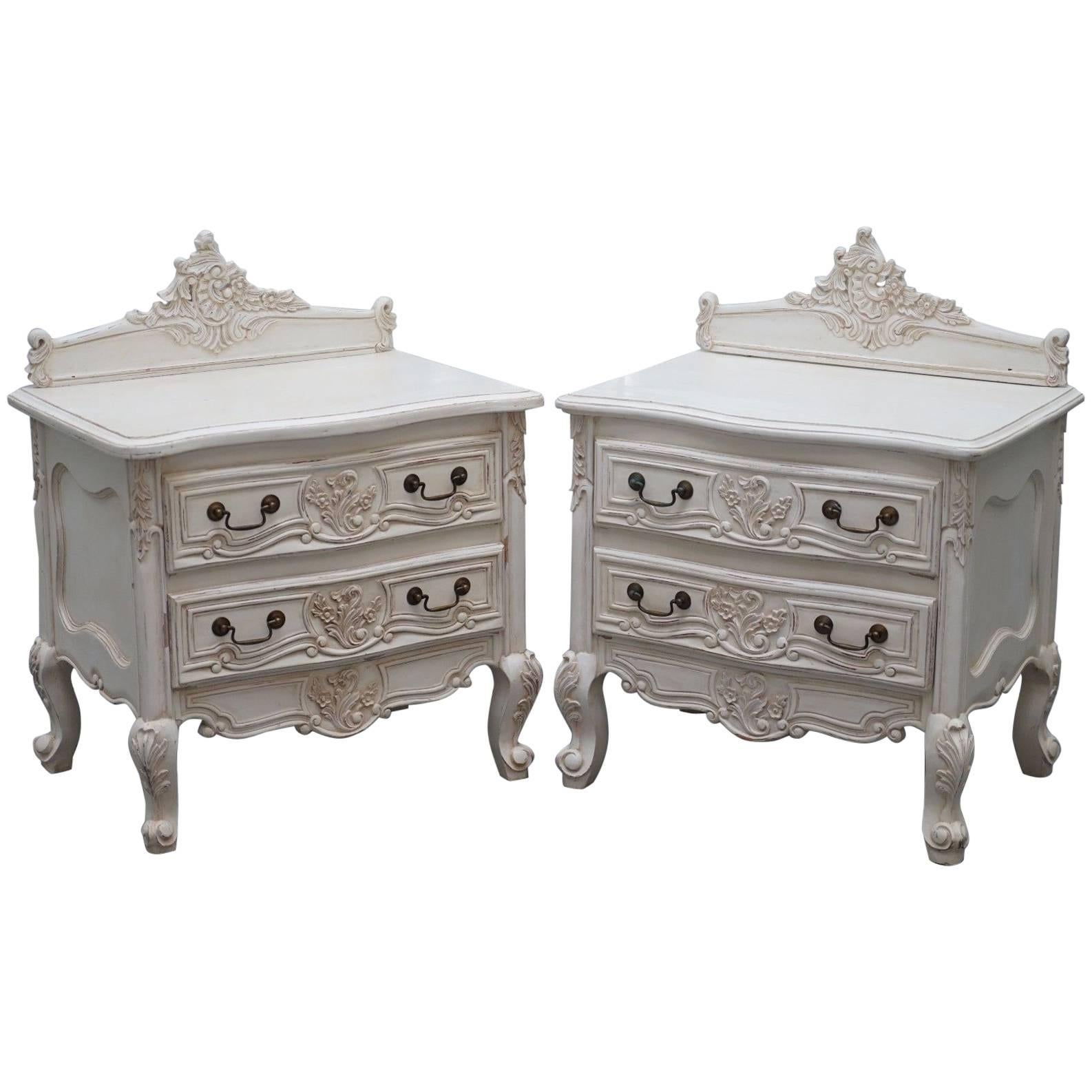 Pair of Hand-Carved French Country over Sized Shabby Chic Bedside Tables Large