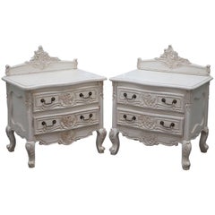 Pair of Hand-Carved French Country over Sized Shabby Chic Bedside Tables Large