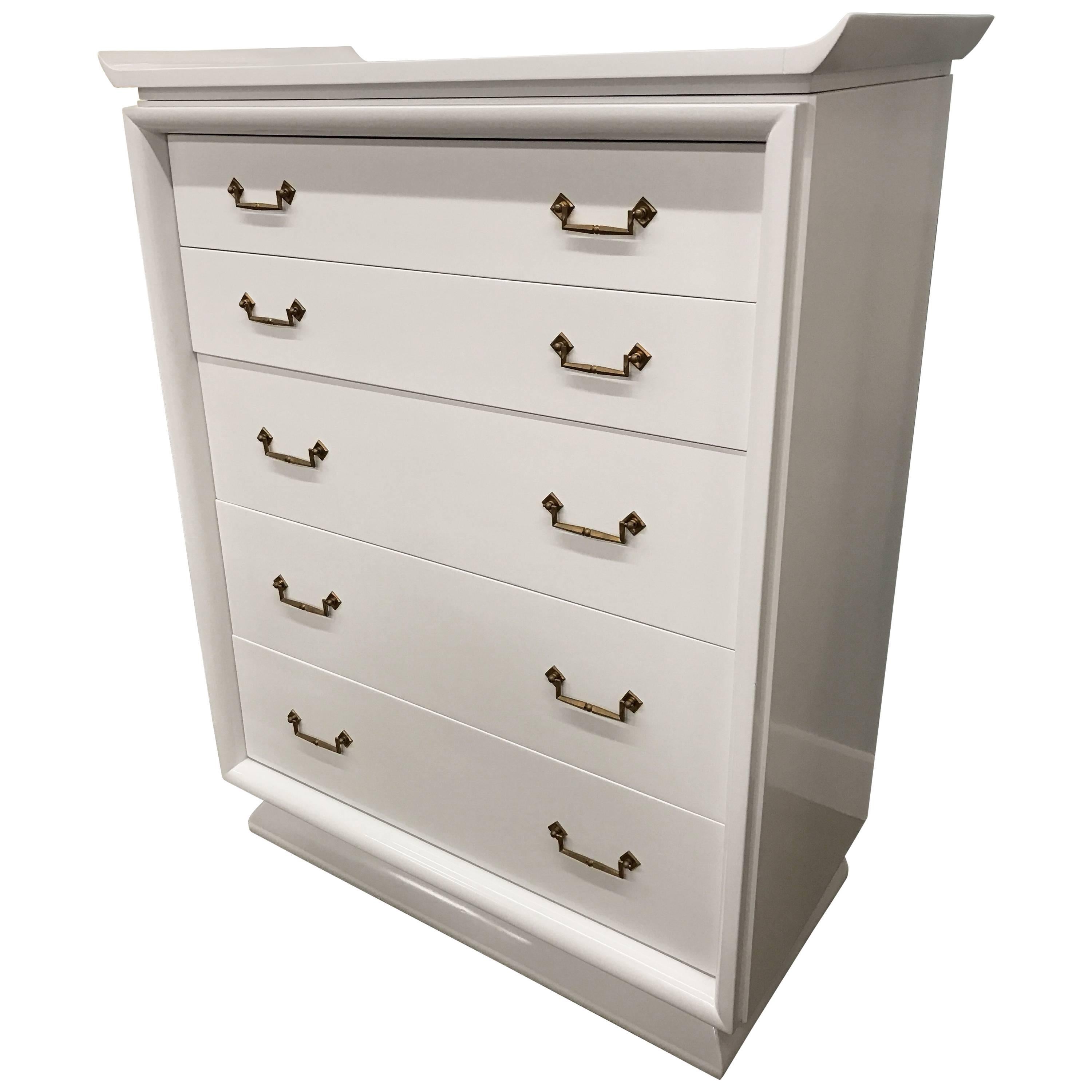 Midcentury White Lacquered Tall Dresser Chest