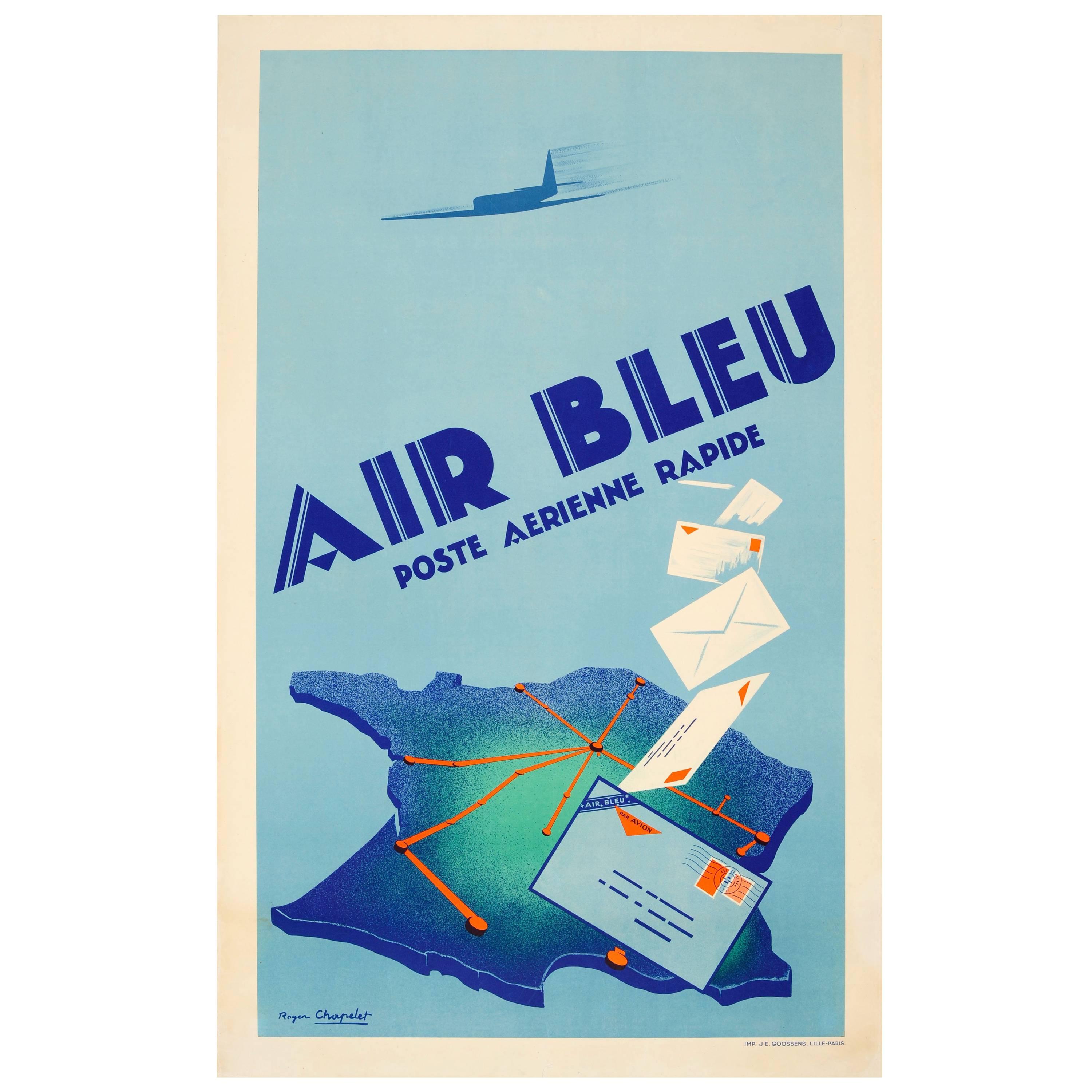 Affiche d'origine Art déco vintage pour Air Bleu Poste Aerienne Rapide Air Mail