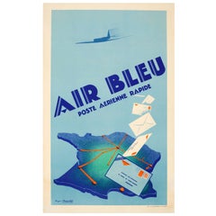 Original Used Art Deco Poster for Air Bleu Poste Aerienne Rapide Air Mail