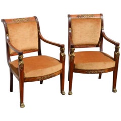 19th Century Pair of French Empire Style Mahogany Armchairs