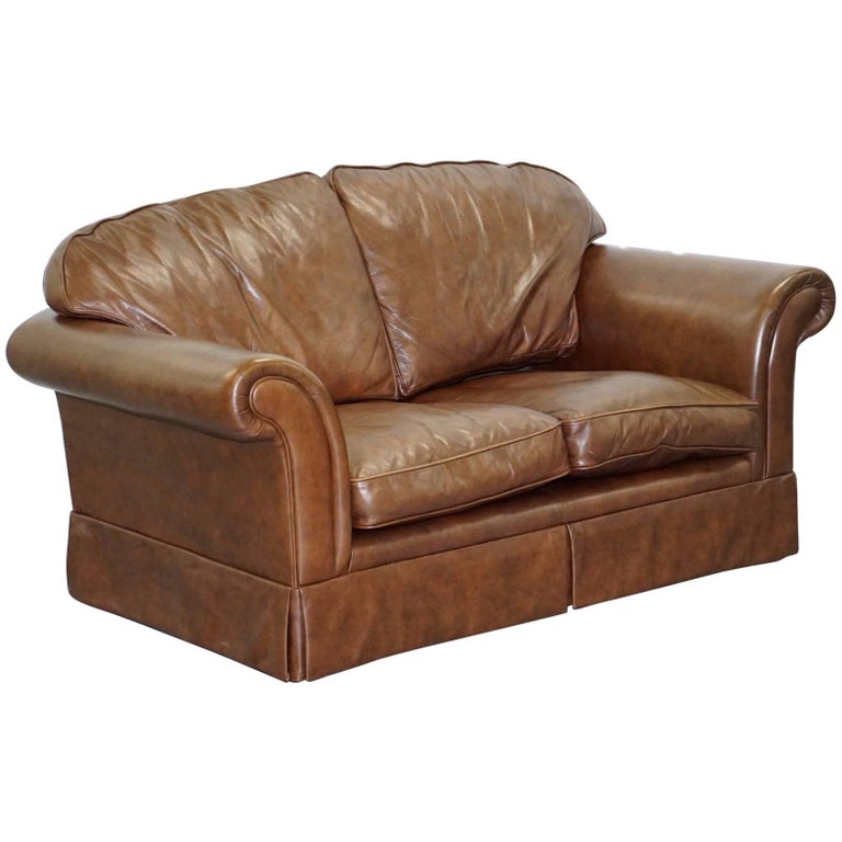 1 Of 2 Laura Ashley Vintage Brown Leather Large Two Seat Sofas