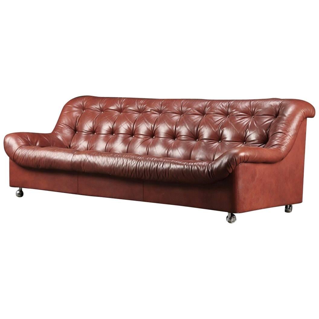 Vintage Red Cushioned Leather Sofa For Sale