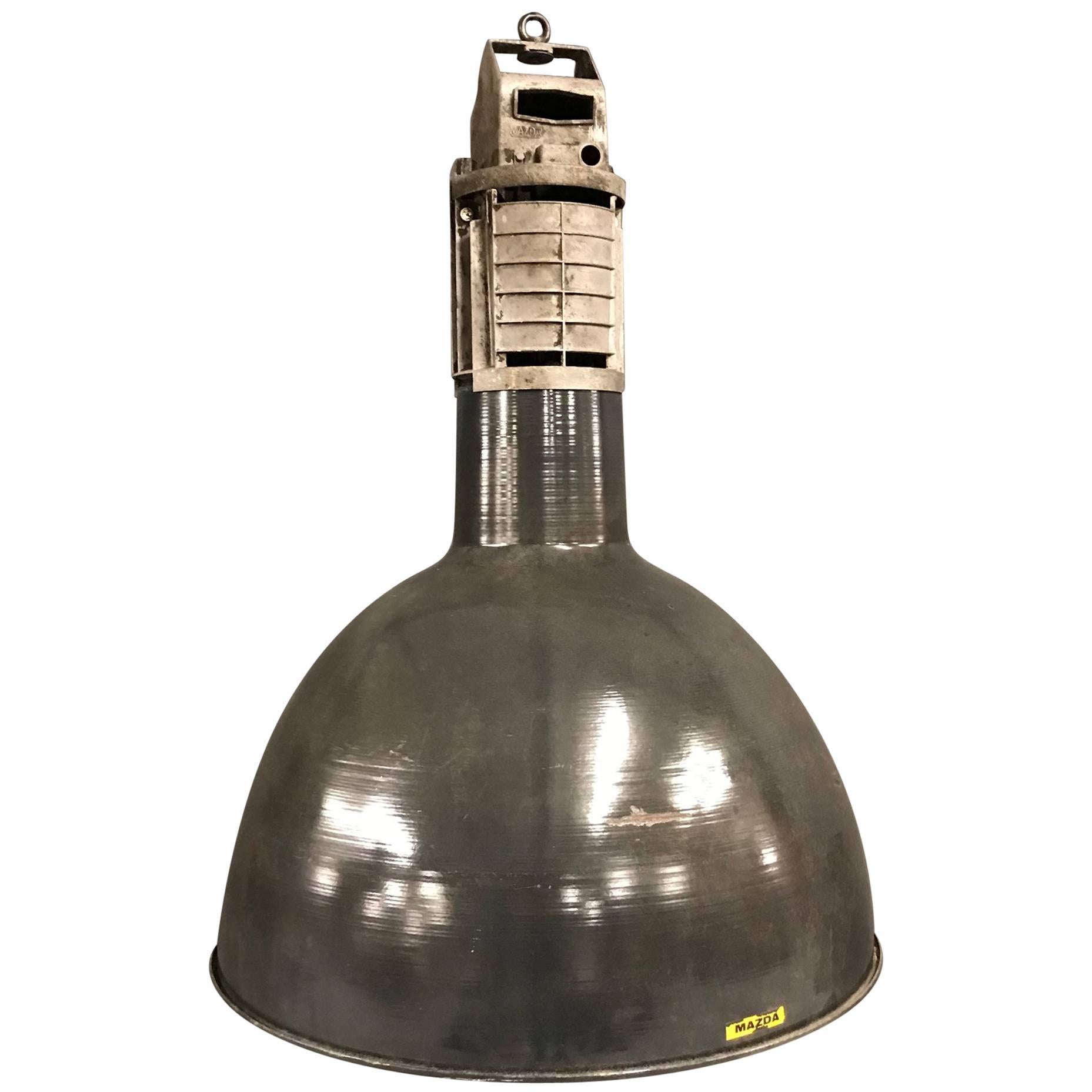 Enormous French Industrial Black Enamel Factory Pendant Light by Mazda For Sale