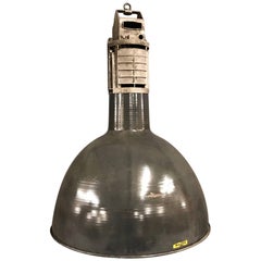 Enormous French Industrial Black Enamel Factory Pendant Light by Mazda