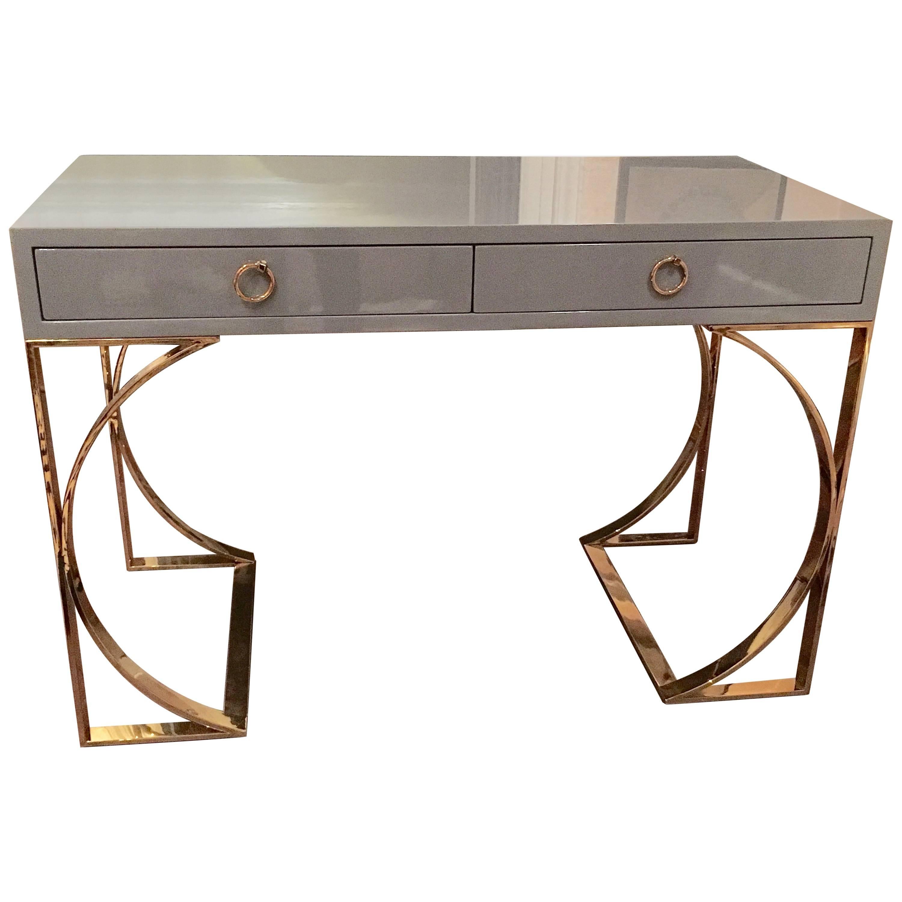Ultra Sleek Grey Lacquered Desk with Curvy Brass Legs