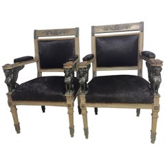 Dramatic Pair of Antique Empire Carved Wood Sphix Motife Armchairs