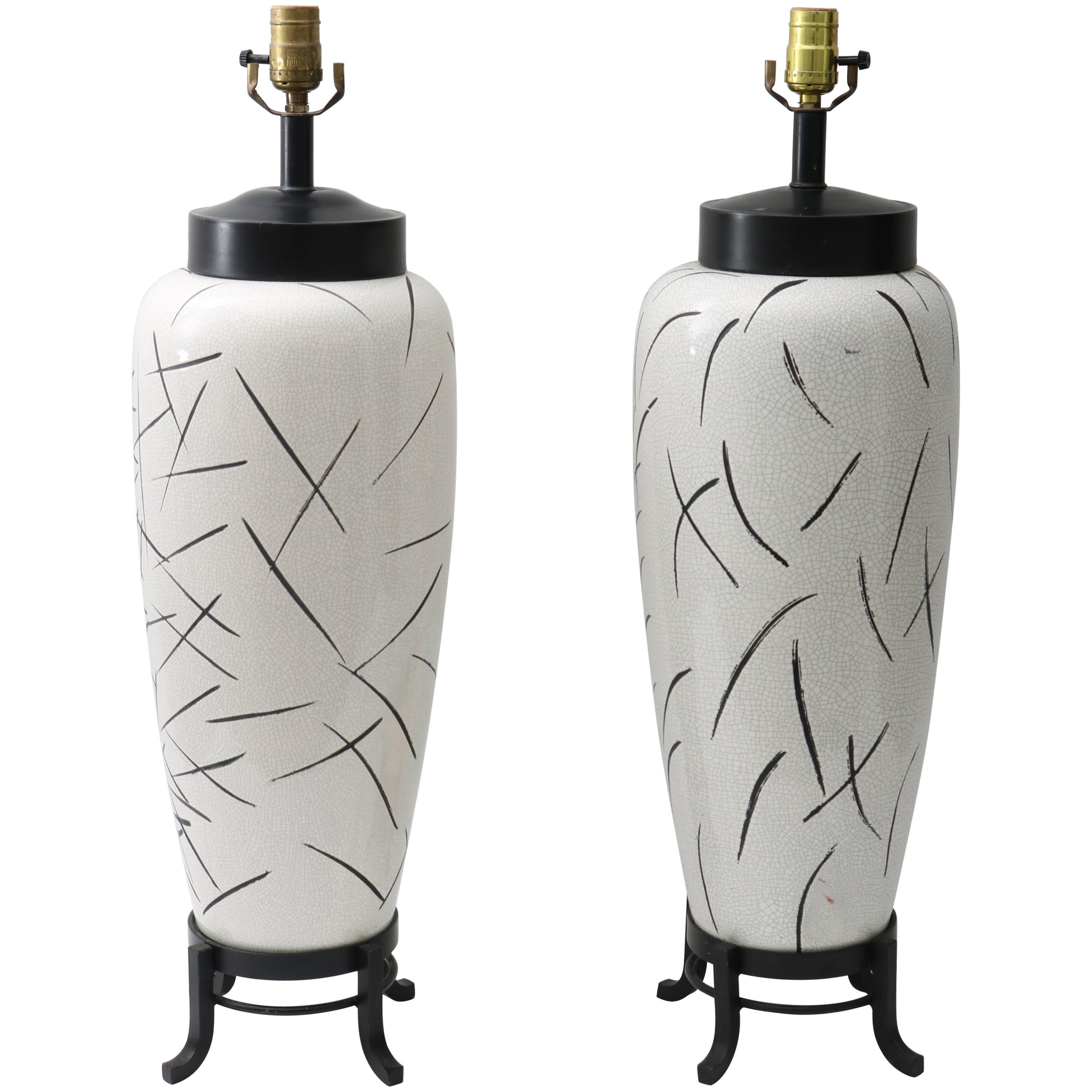 Pair of Table Lamps, Vase Form in Black and White