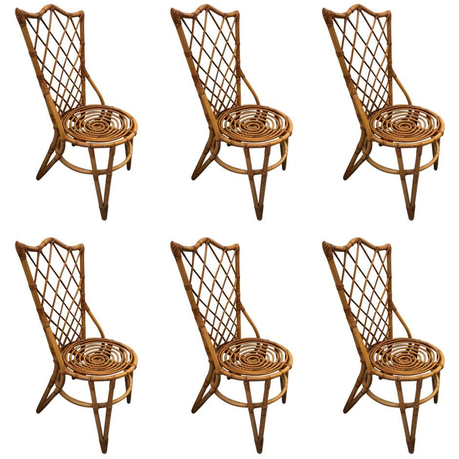Fantastic Set of Six Audoux Minet Wicker Chairs, circa 1960 For Sale