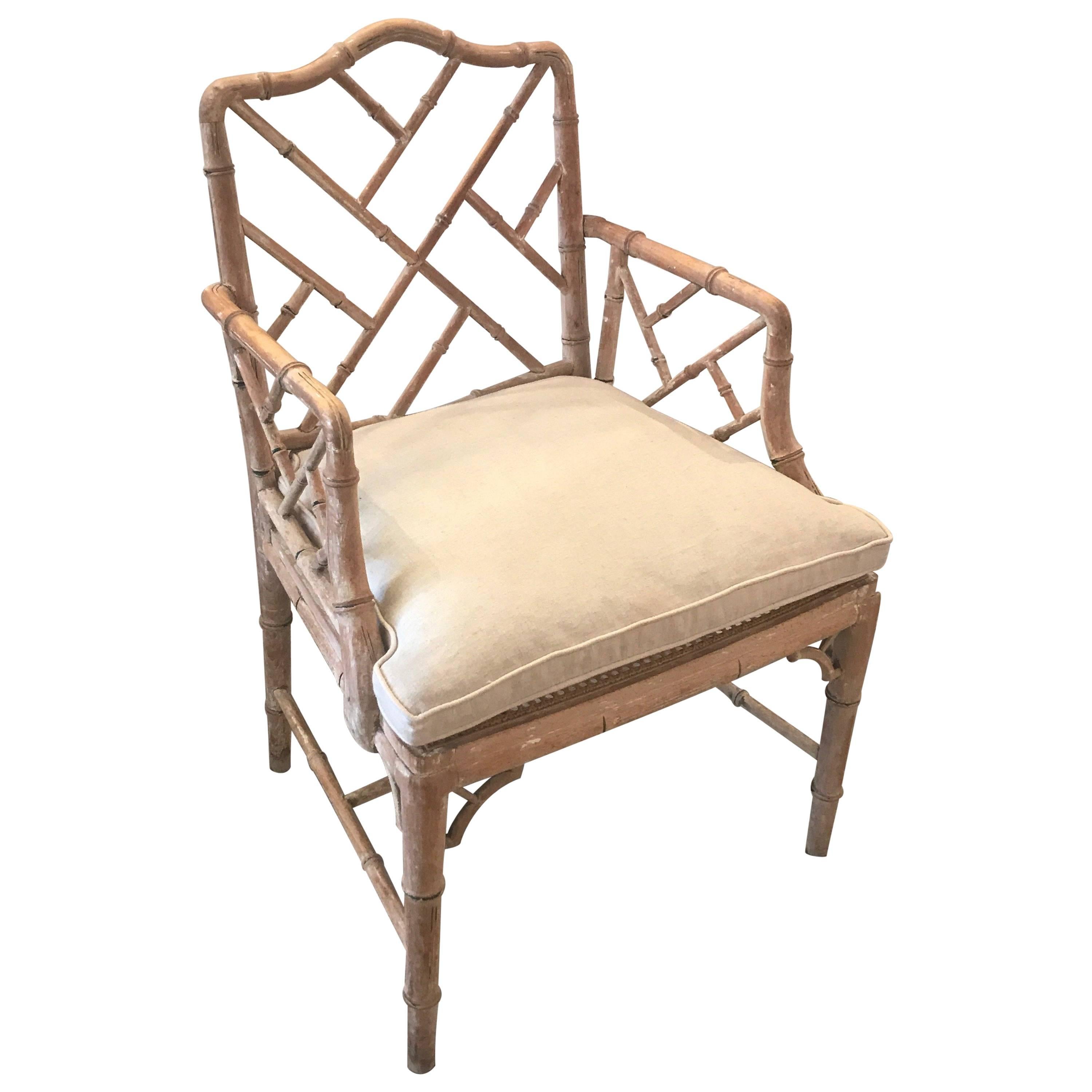 Pair of Hand-Carved Bamboo Motif Side Chairs with Linen Cushions