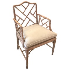 Pair of Hand-Carved Bamboo Motif Side Chairs with Linen Cushions