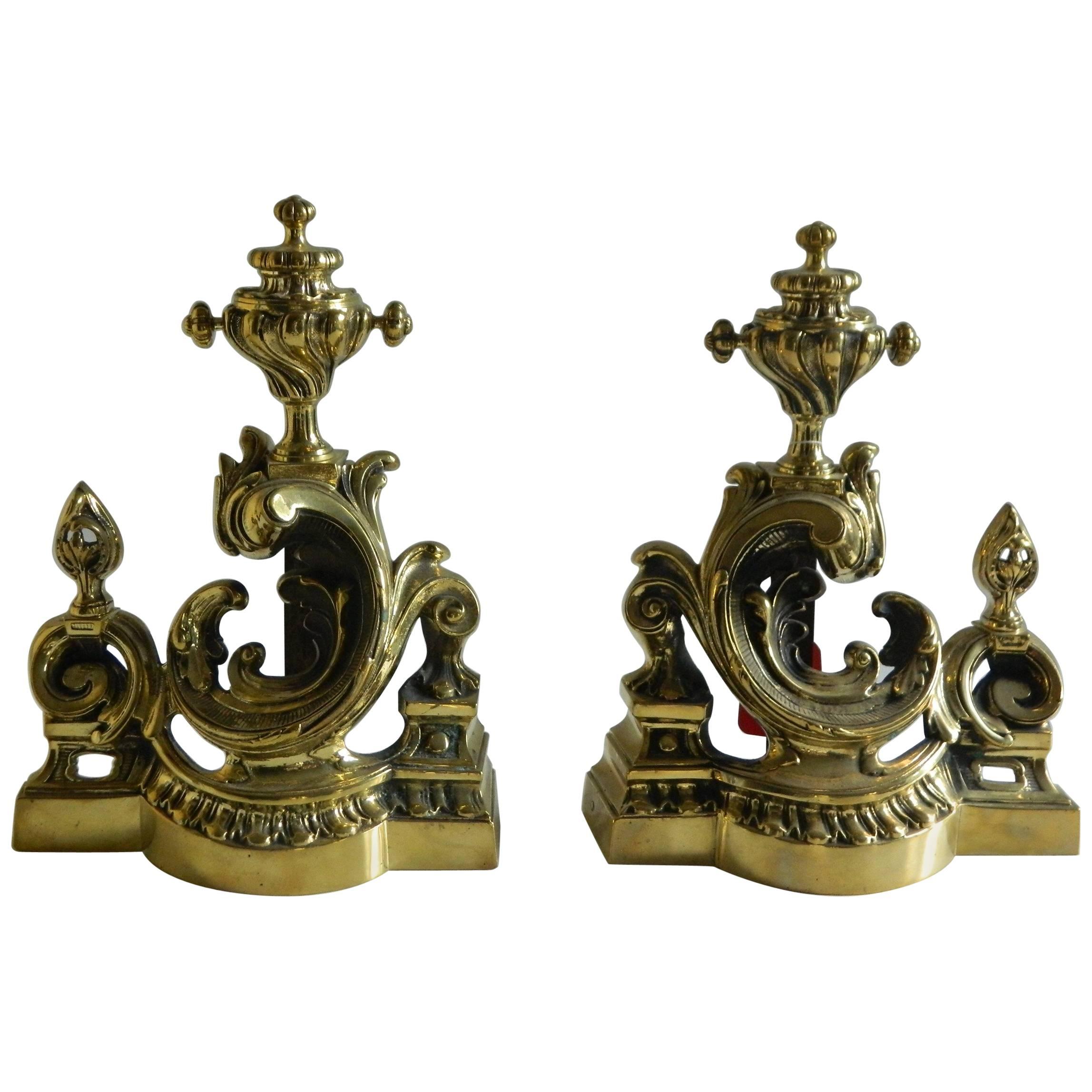 Pair of Polished Brass Chenets or Andirons, Scroll Motif, 19th Century For Sale