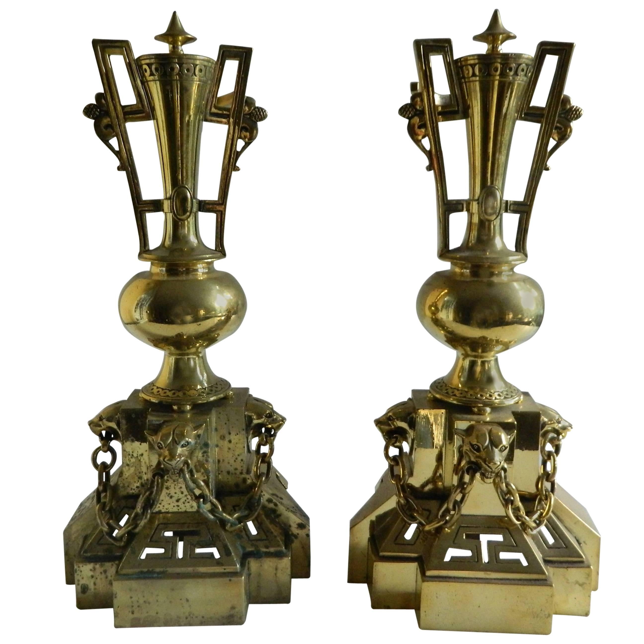 Pair of Polished Brass Chenets or Andirons, Panther Heads Motif, 19th Century For Sale