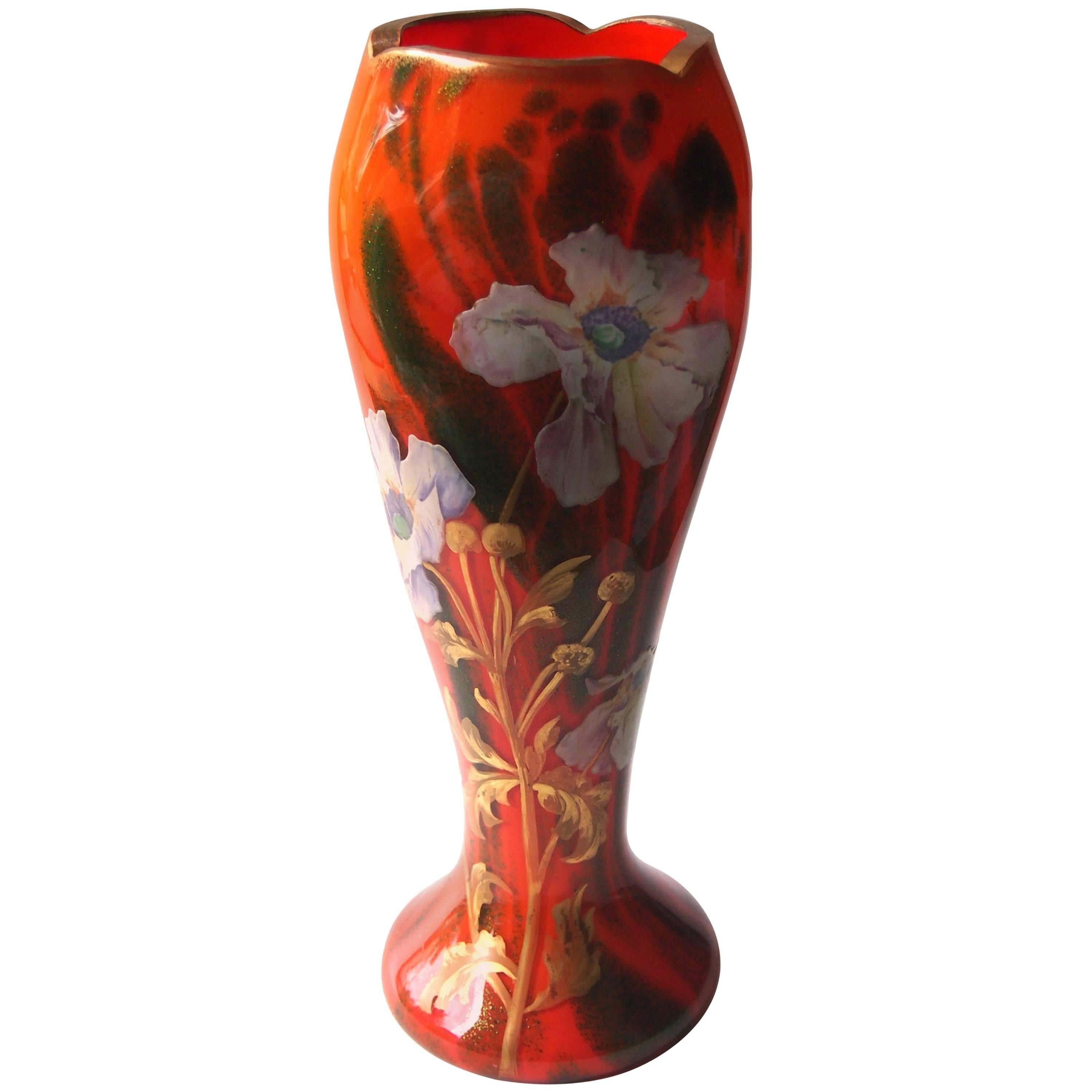 Bohemian Art Nouveau Enamelled Harrach Glass Vase in Orange and Aventurine Green For Sale