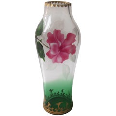 Bohemian Art Nouveau Green/Clear Harrach Marquetry Glass Vase with Red Blossom