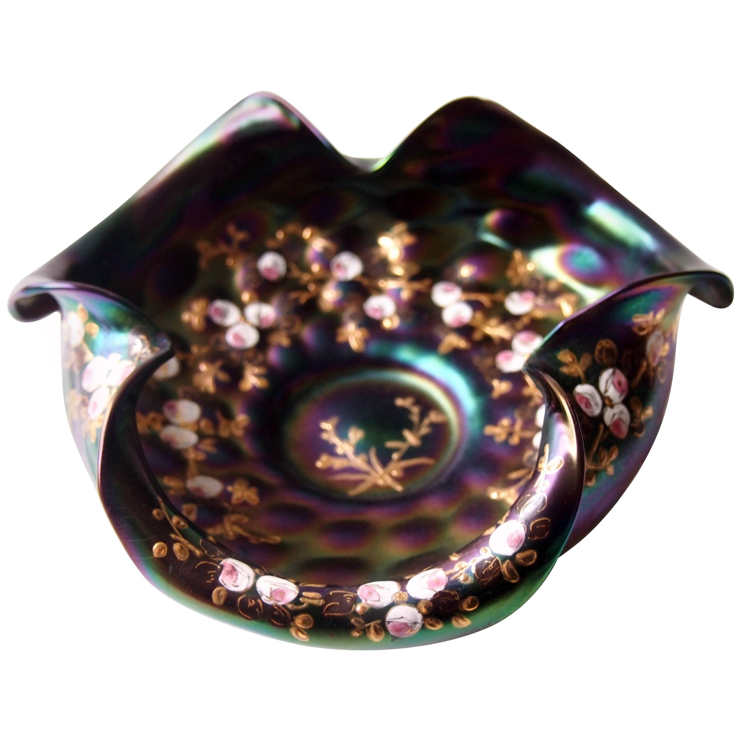 Bohemian Jugendstil Rindskopf Enamelled and Iridised Glass Bowl 1900 For Sale