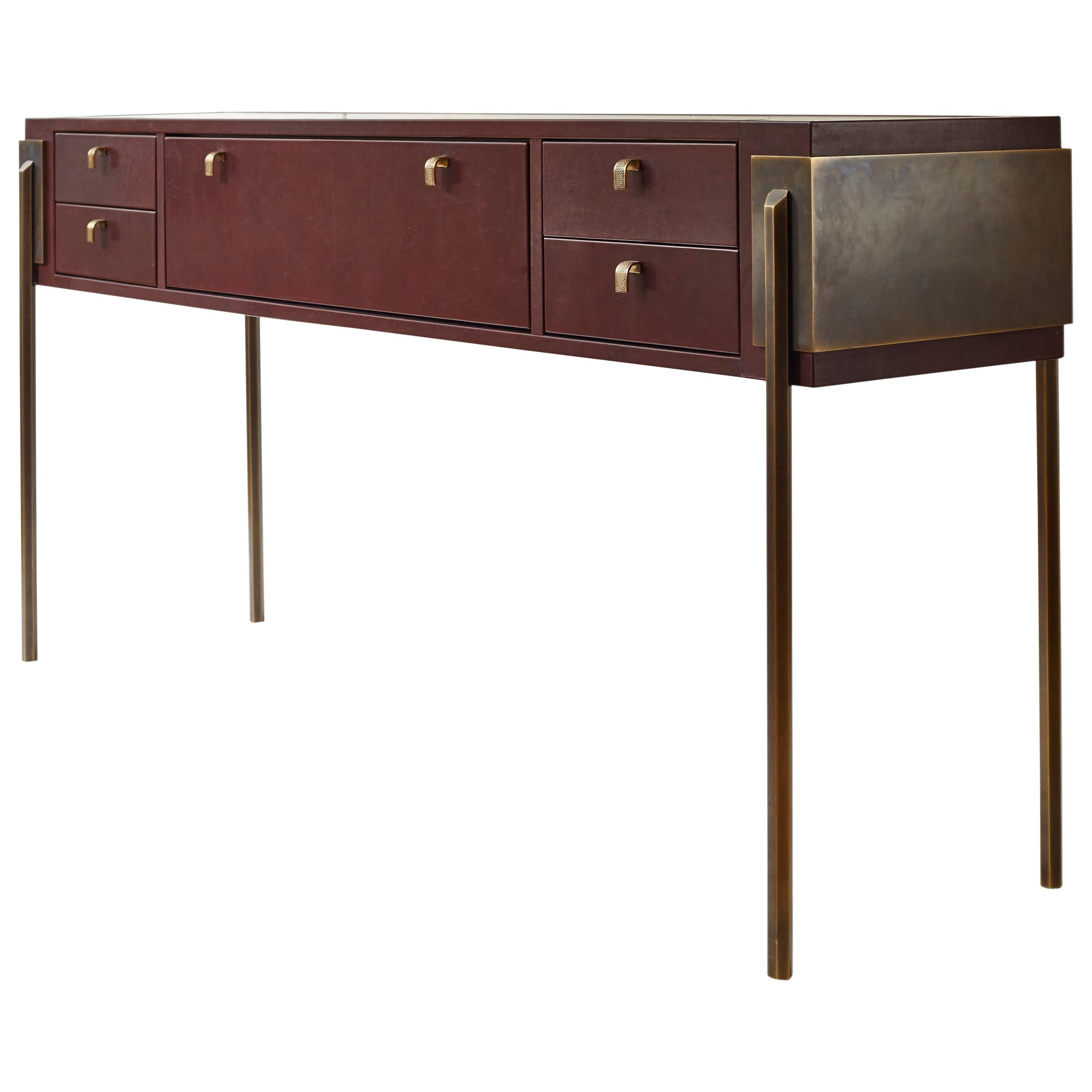 Black Orchid Contemporary Leather Console with Bronze Legs, Christina Z Antonio