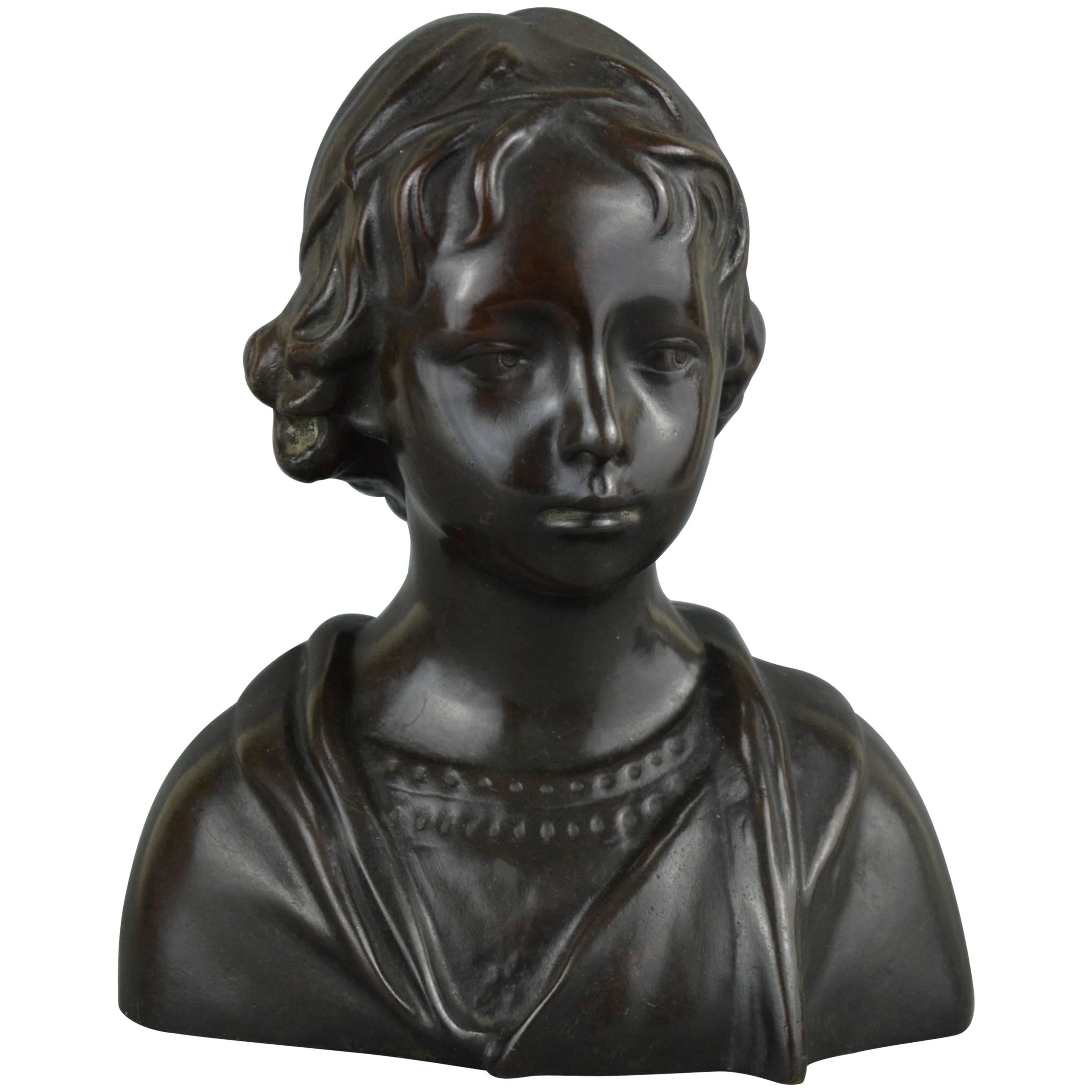 Belgian Bronze Sculpture Bust of a Young Girl A.Daver Foundry, Late 19th Century