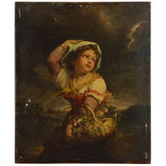 Painting Young Girl with a Basket of Fruits Escaping from a Coming Storm