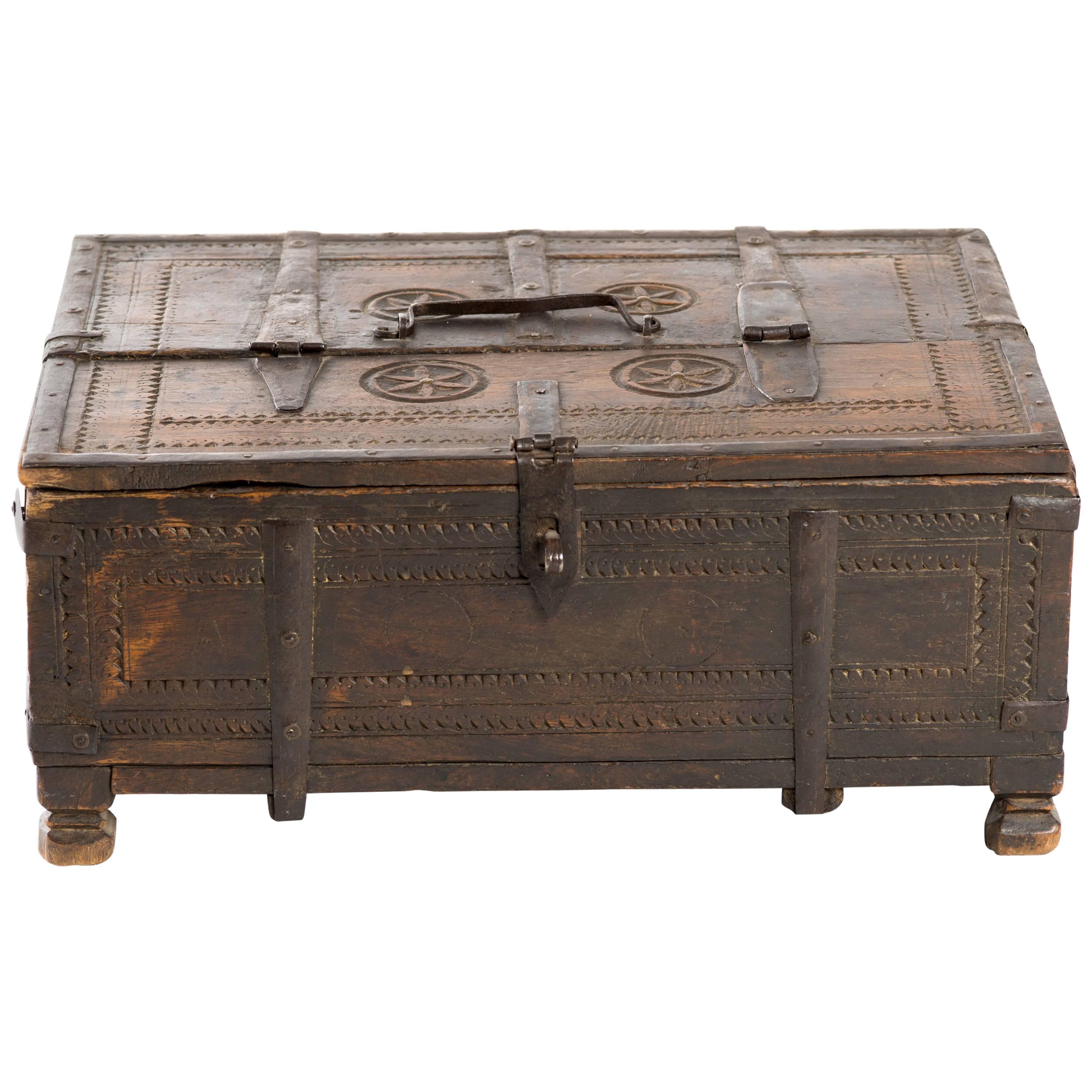 Early 20th Century Indian Carved Wood Storage Chest Box
