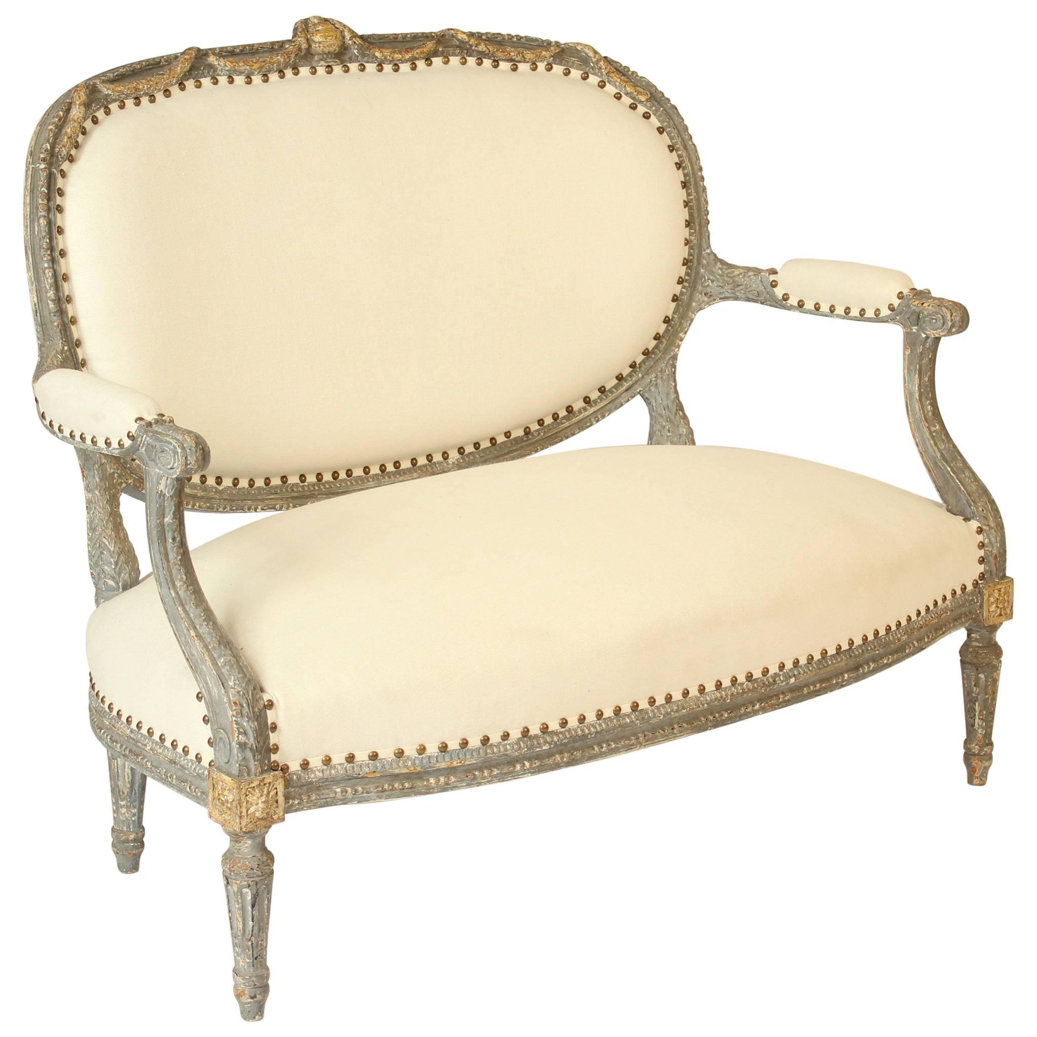 Louis XVI Style Painted and Partial Gilt Settee