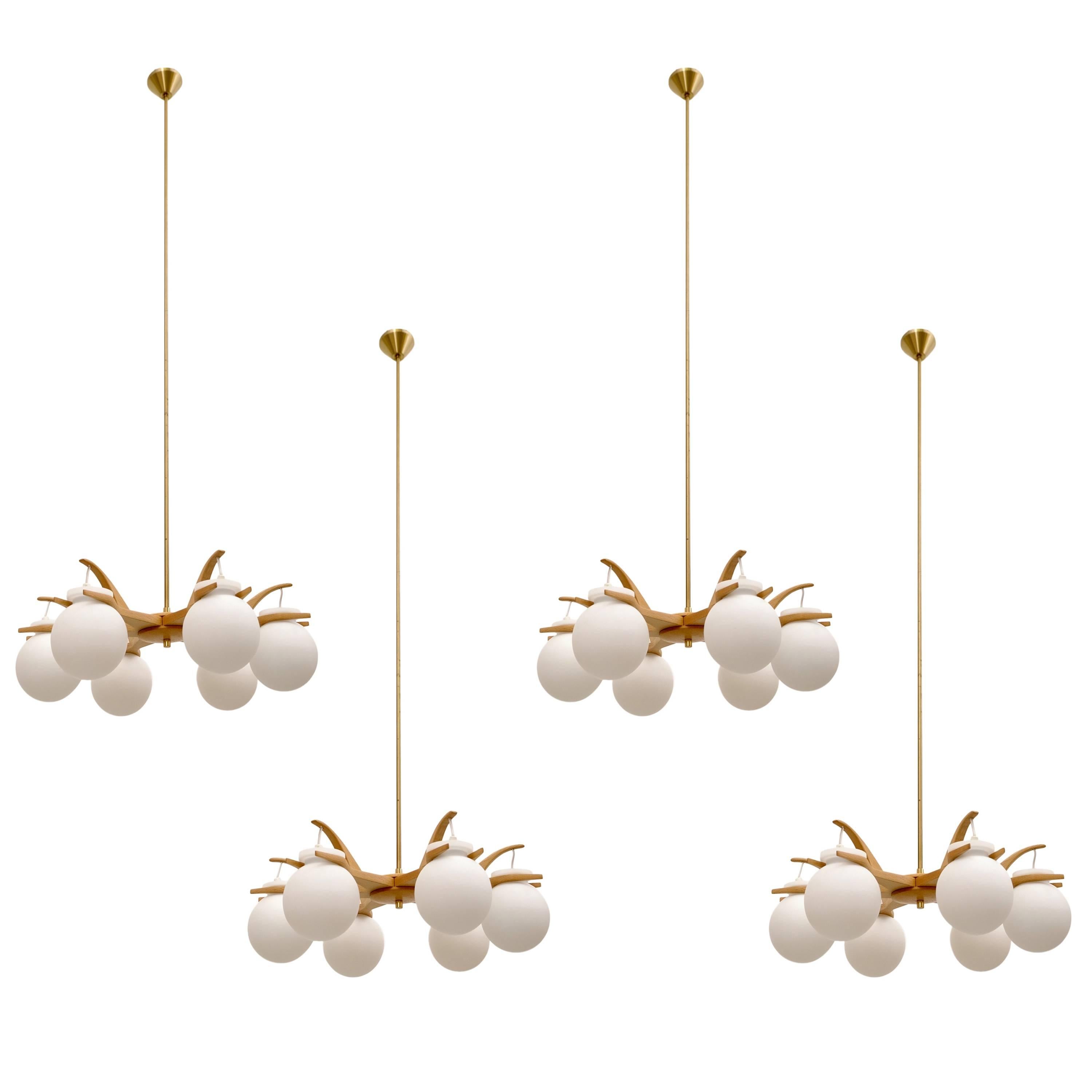 Rare pair of Oak and Brass Chandeliers by Luxus, Sweden, 1960s