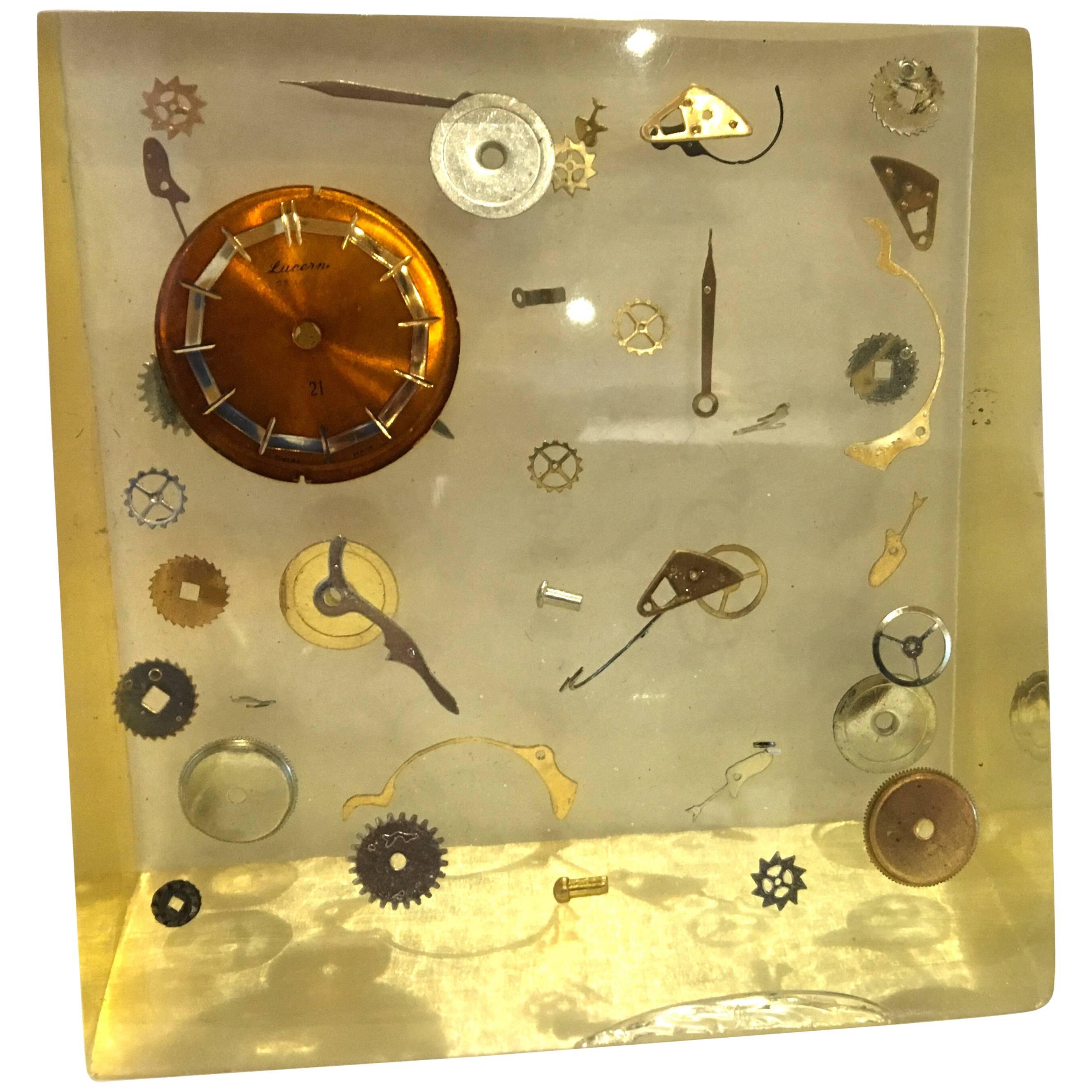 Modernist Lucite Resin Sculpture with Exploded Clock