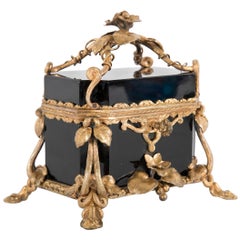 Antique 19th Century Black Opaline Glass Box with Elaborate Bronze Mounts and Key