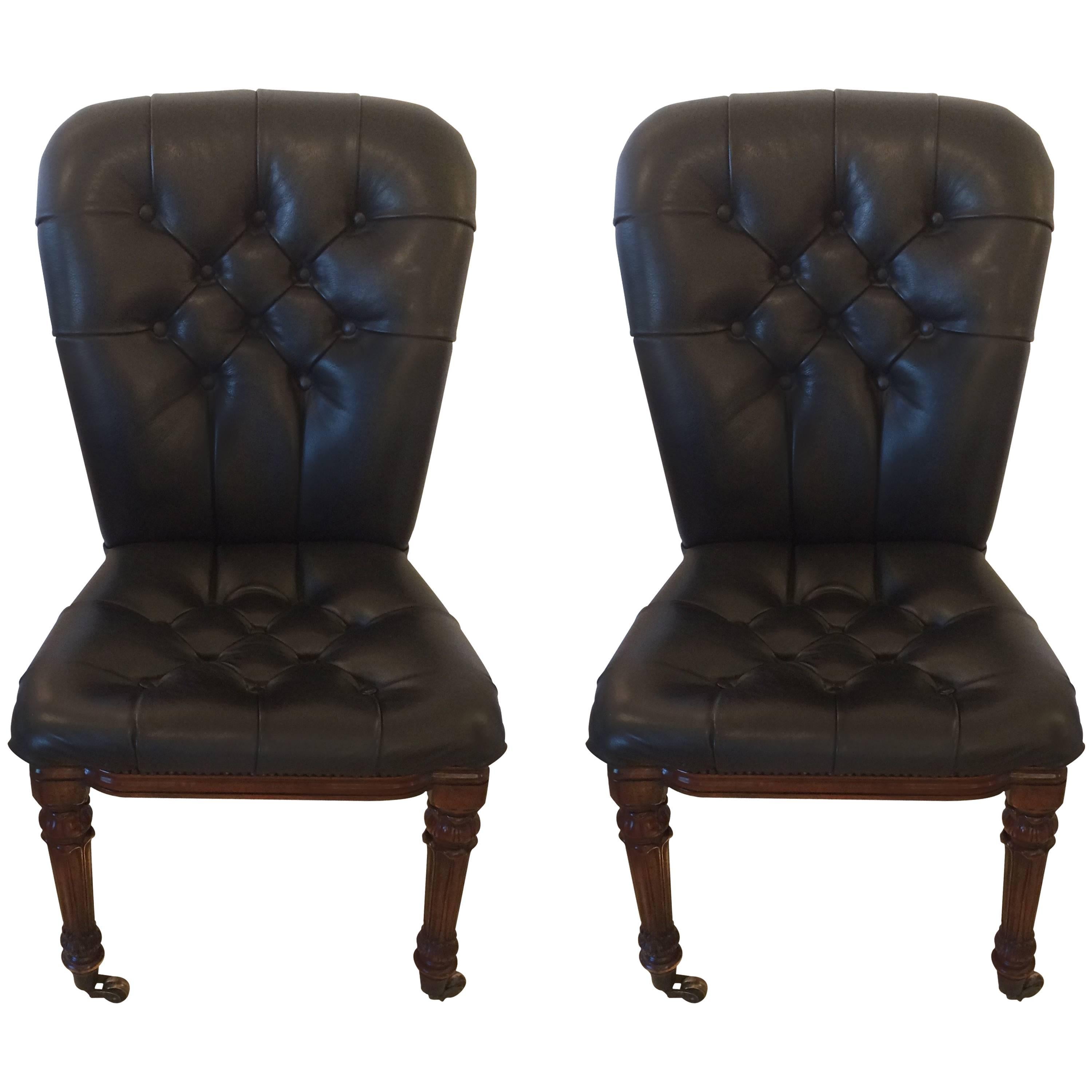 Masculine Pair of Black Tufted Leather and Mahogany Side Chairs