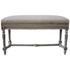 Antique Louis XVI Style Bench Upholstered in Antique French Homespun Linen