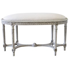 Antique Louis XVI Style Upholstered Oval Bench with Six Legs
