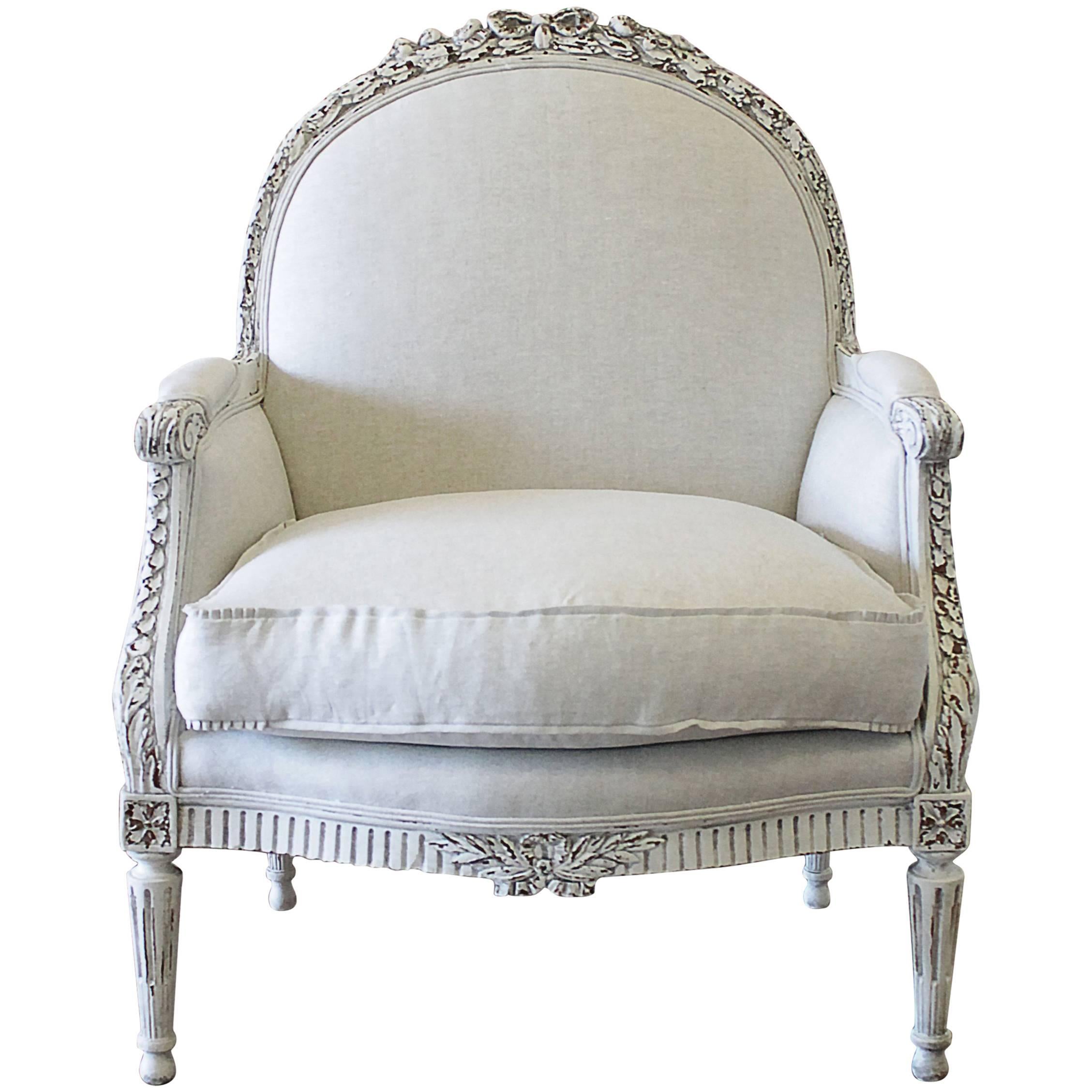 Early 20th Century Carved and Painted Louis XVI Style Bergere Chair