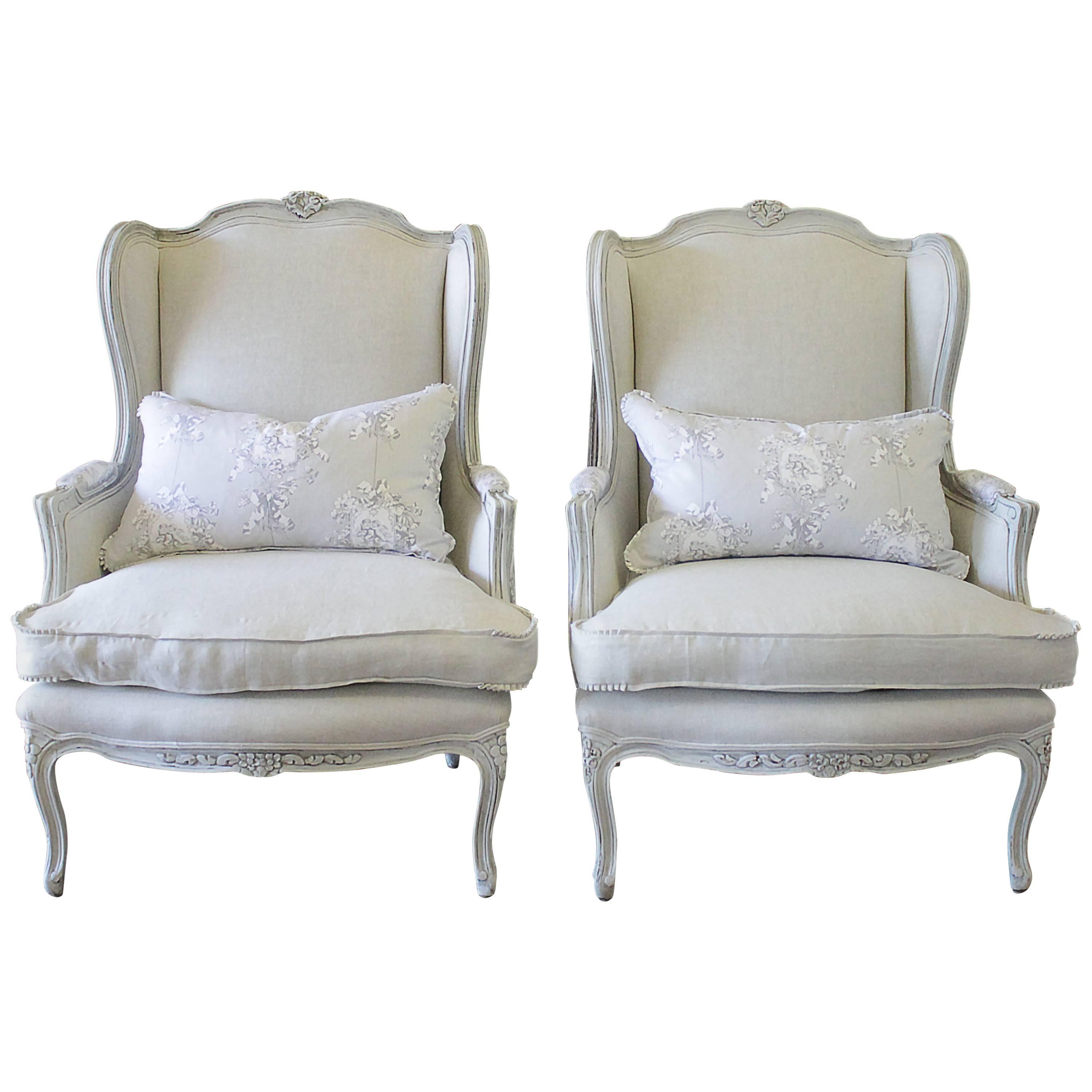 Antique Pair of French Country Style Bergere Wingback Chairs