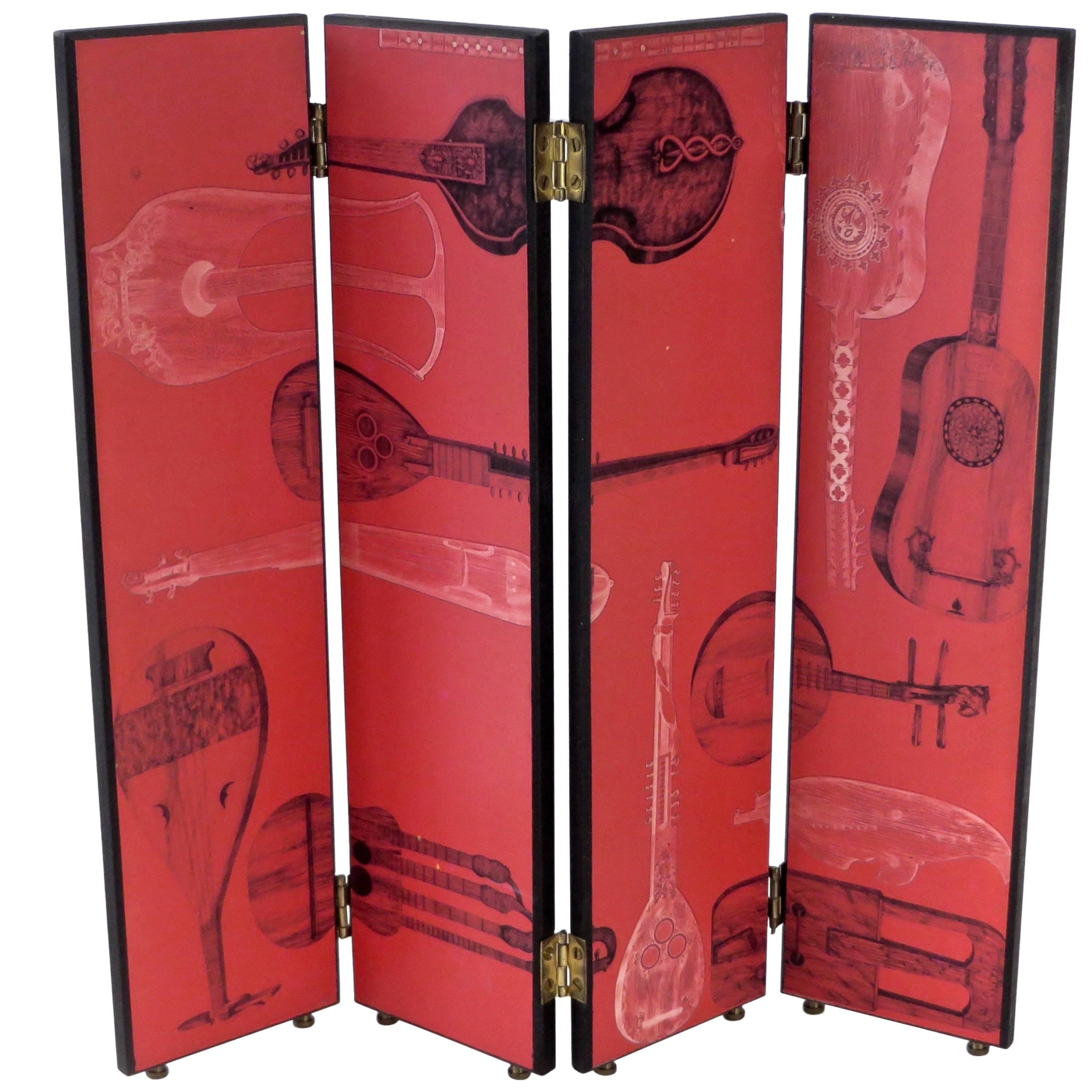 Miniature Red Folding Screen by Piero Fornasetti with Musical Instrument Motifs