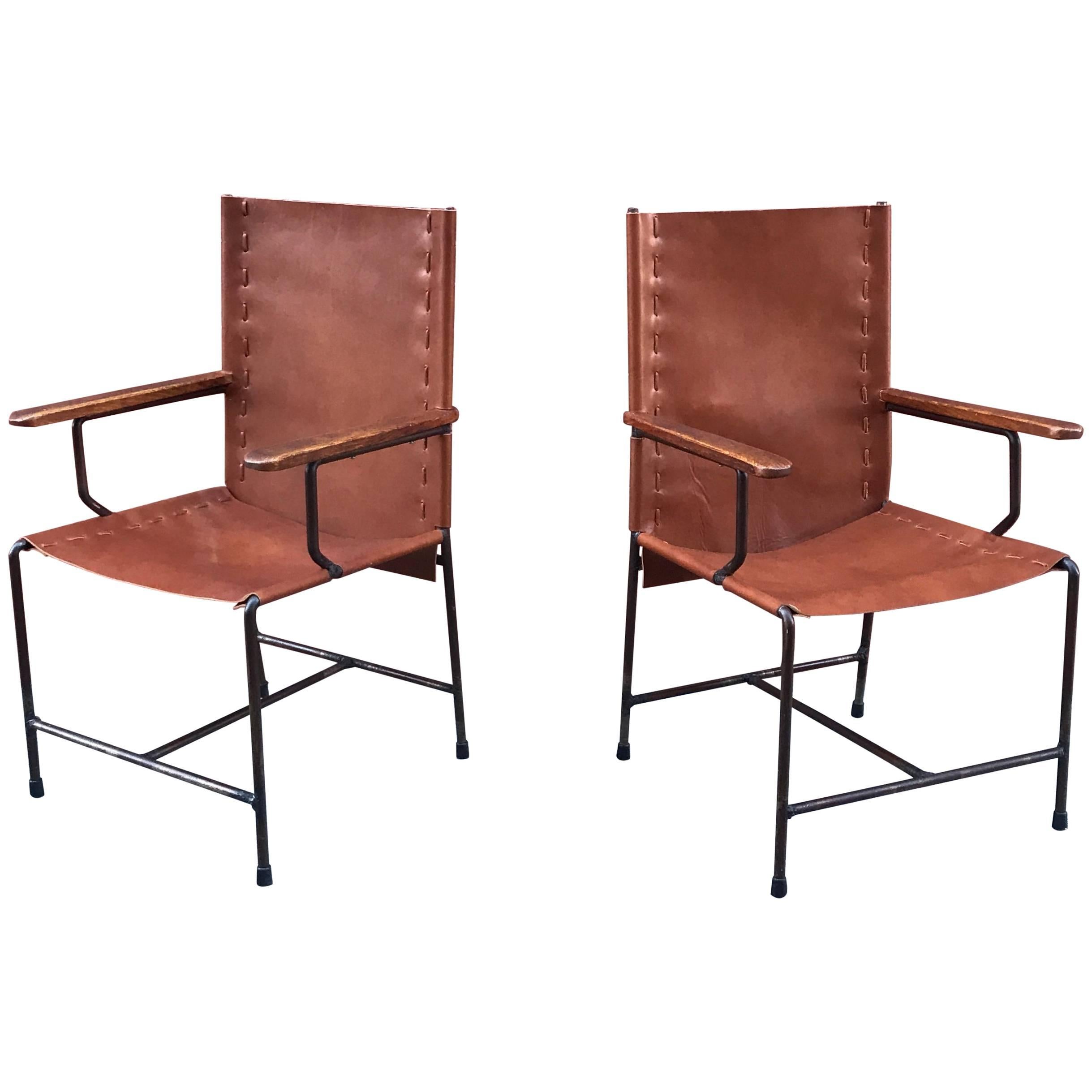 Pair of Mexican Modern Armchairs in Iron and Leather, circa 1950s For Sale