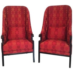 Dramatic and Unusual Pair of Asian Inspired Tall Back Armchairs by Milo Baughman