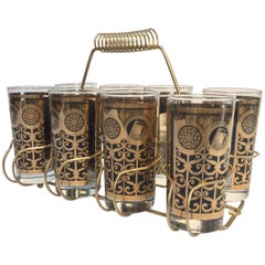 Vintage Eight Highball Black and Gold Glasses in a Brass Cart by Fred Press