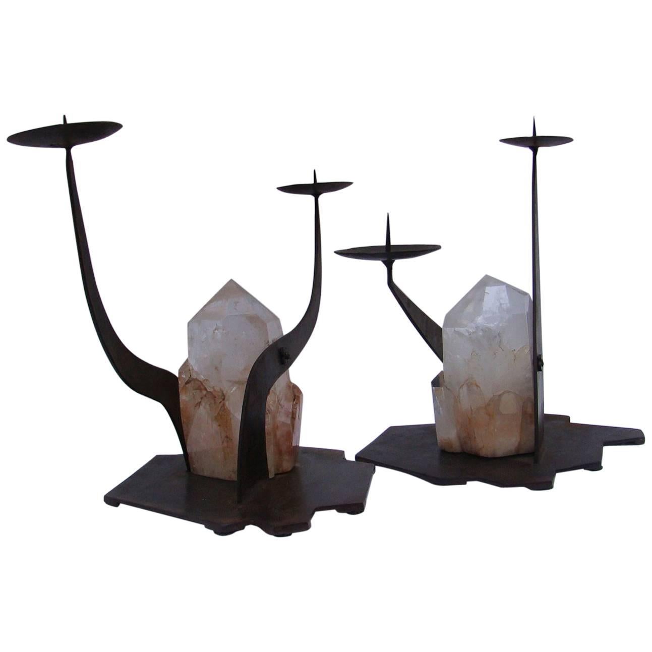 Pair of Sculpture Candleholders in Crystal, circa 2000