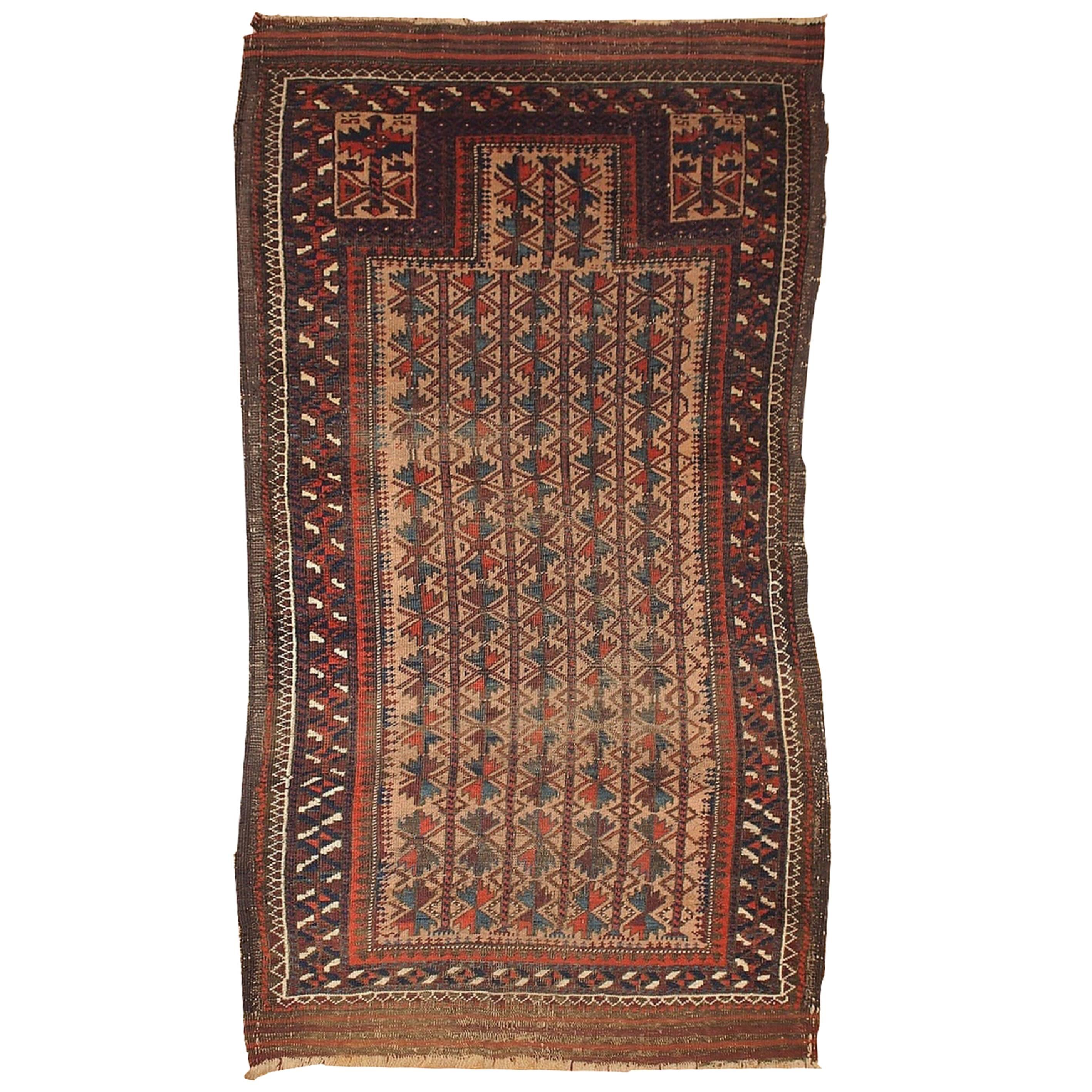 Handmade Antique Distressed Afghan Baluch Prayer Oriental Rug, 1880s, 1B219 For Sale