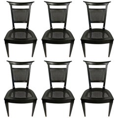 Set of Six Black Kittinger Caned Chairs
