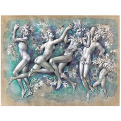 "Spring Frolic, " Rare Drawing with Nudes by Gaston Goor, Late Art Deco