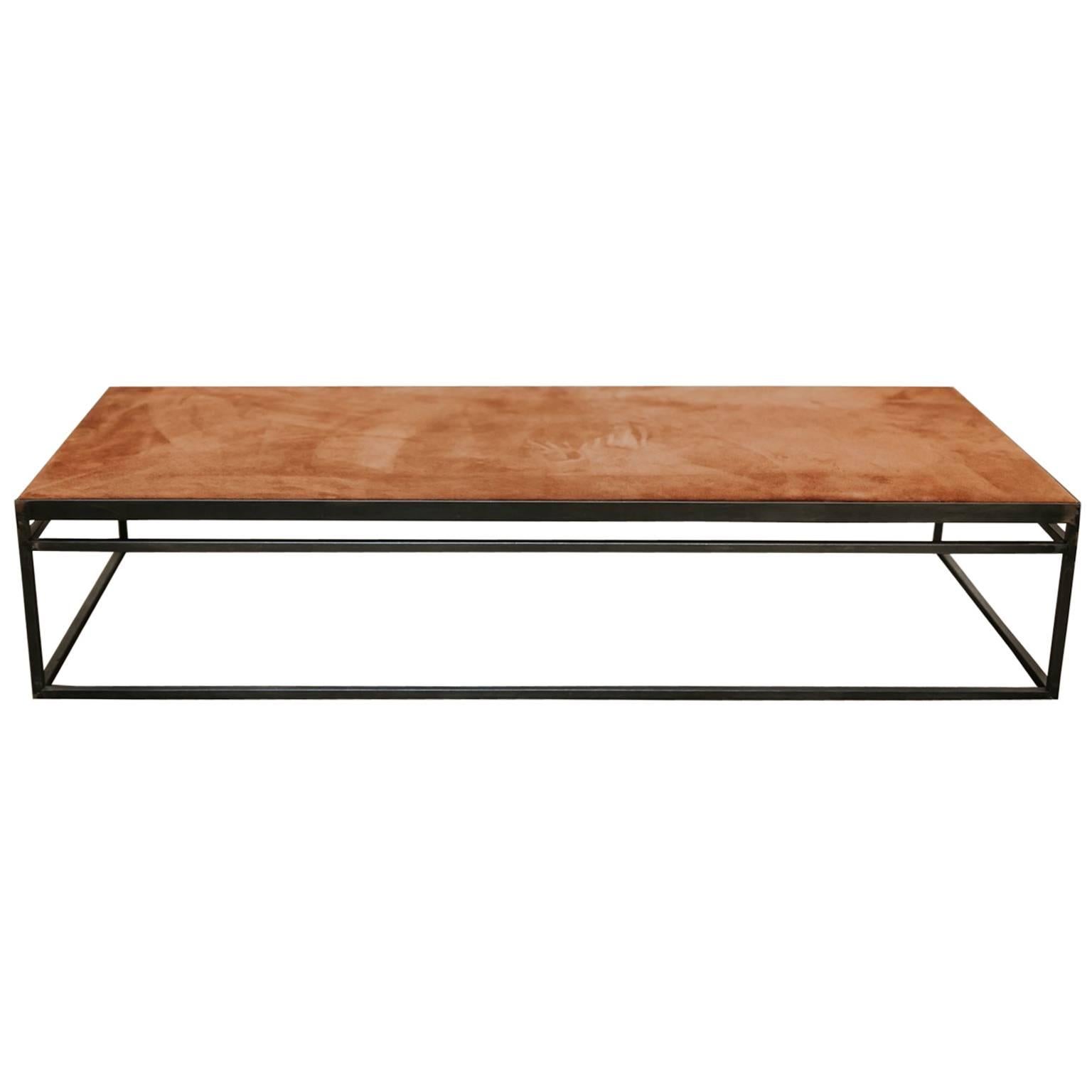 Customized Coffee Table, Old Suède/Leather Top on Iron Base For Sale
