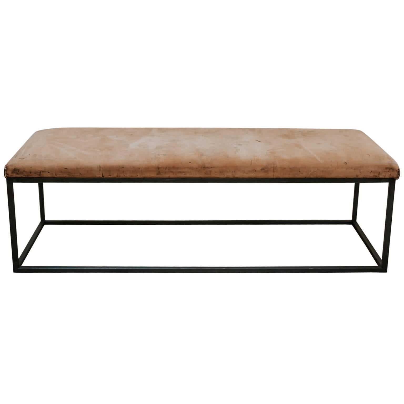Customized Coffee Table or Bedend, Old Leather Top on Contemporary Iron Base For Sale