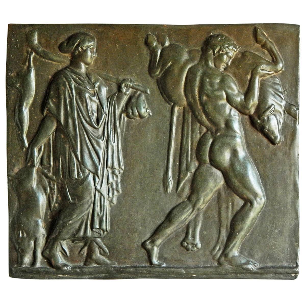 « Hercule et le taureau », sculpture mythologique en relief avec nu masculin, di Signa