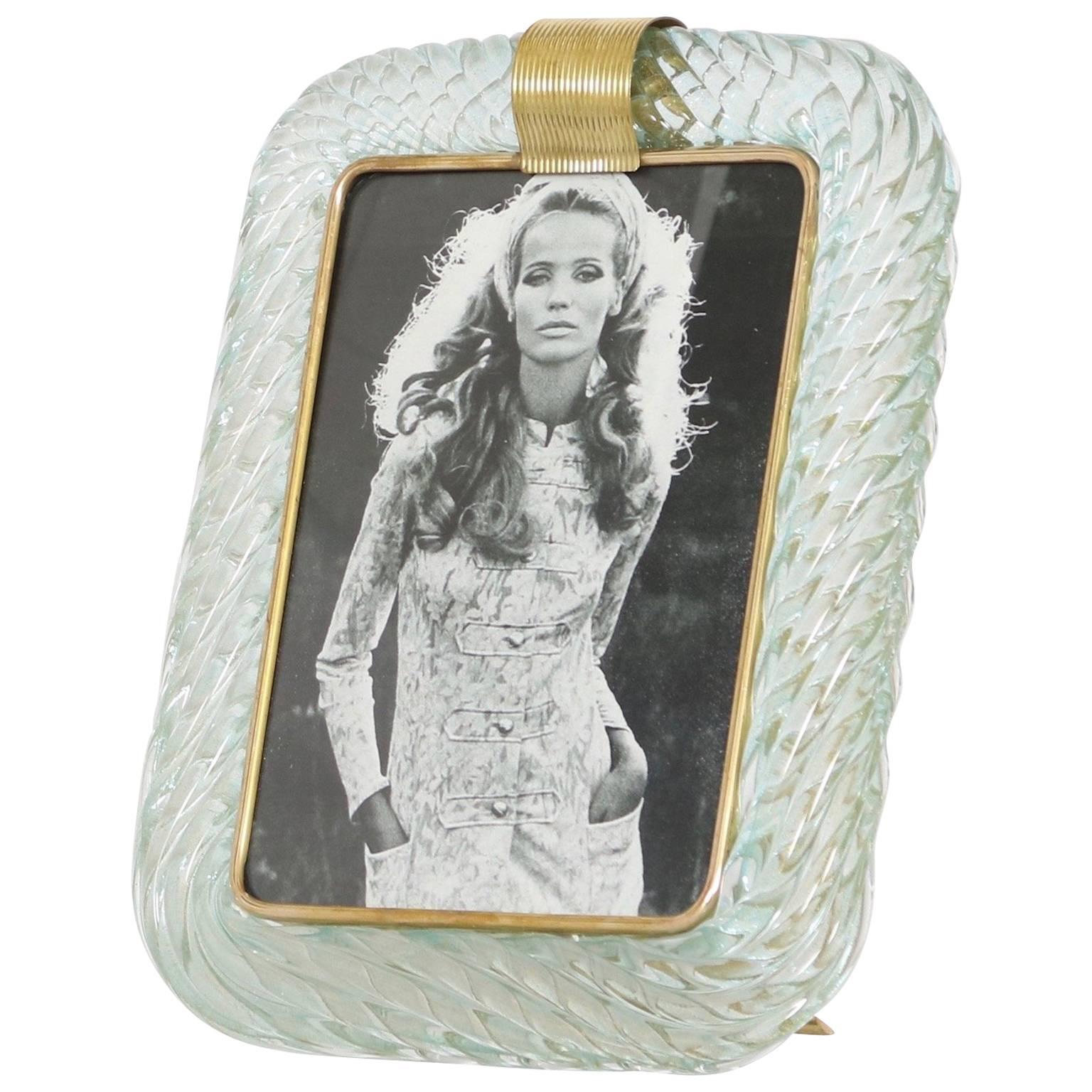 Venini Torciglione Murano Glass Photo Frame in Aqua with Gold Inclusions