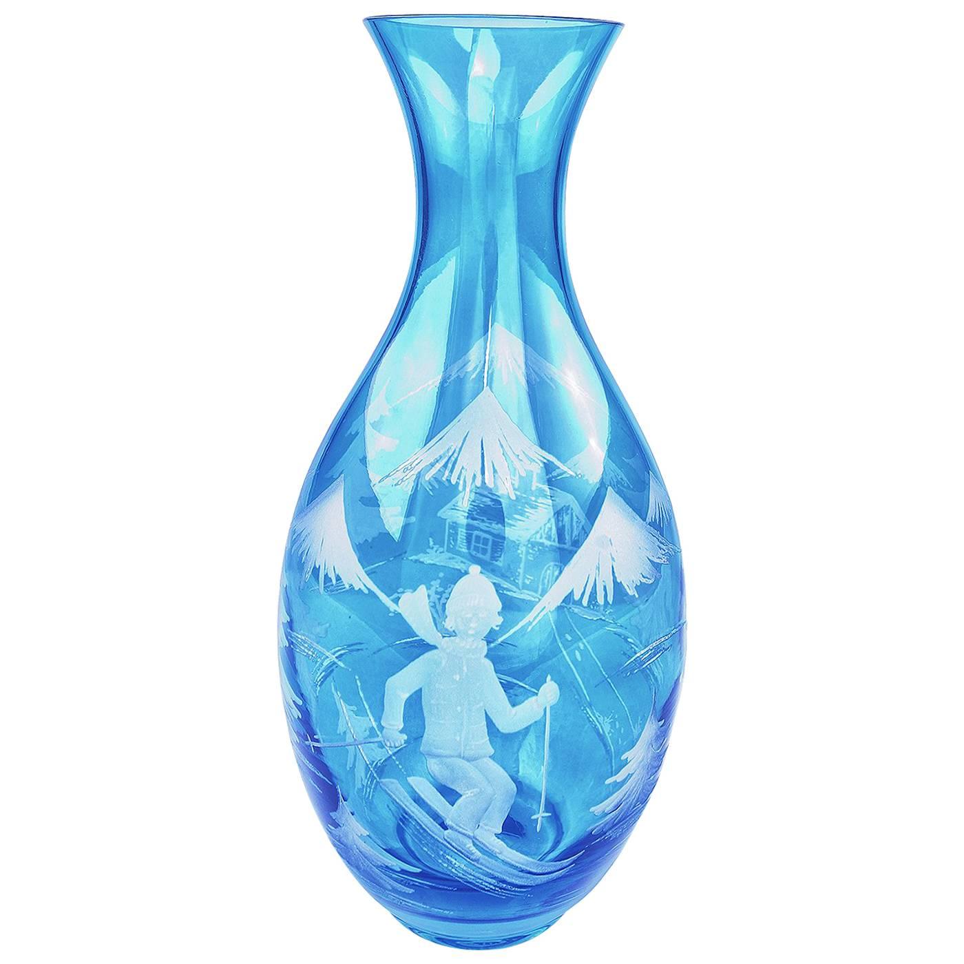 Country Style German Crystal Carafe in Blue with Skier Decor Sofina Boutique For Sale