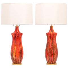 Vintage Midcentury Lustre-Glazed Table Lamps in Orange