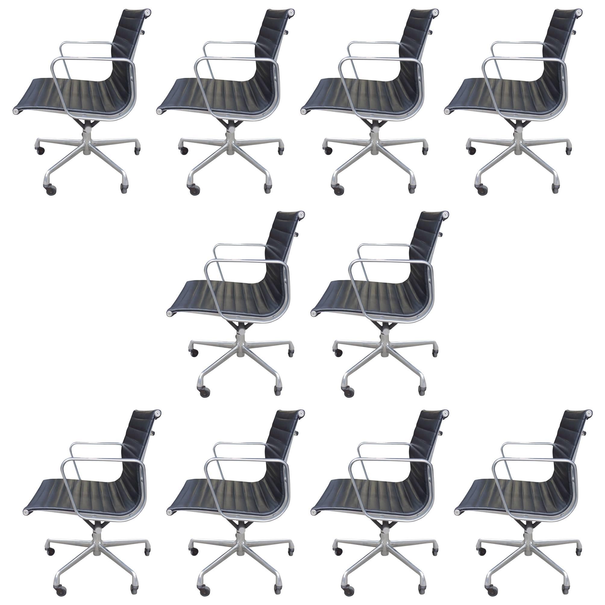 For your consideration are up to 10 aluminium group chairs in black leather designed by Eames for Herman Miller. All in very good original condition showing minimal wear. With tilt and height adjustment.